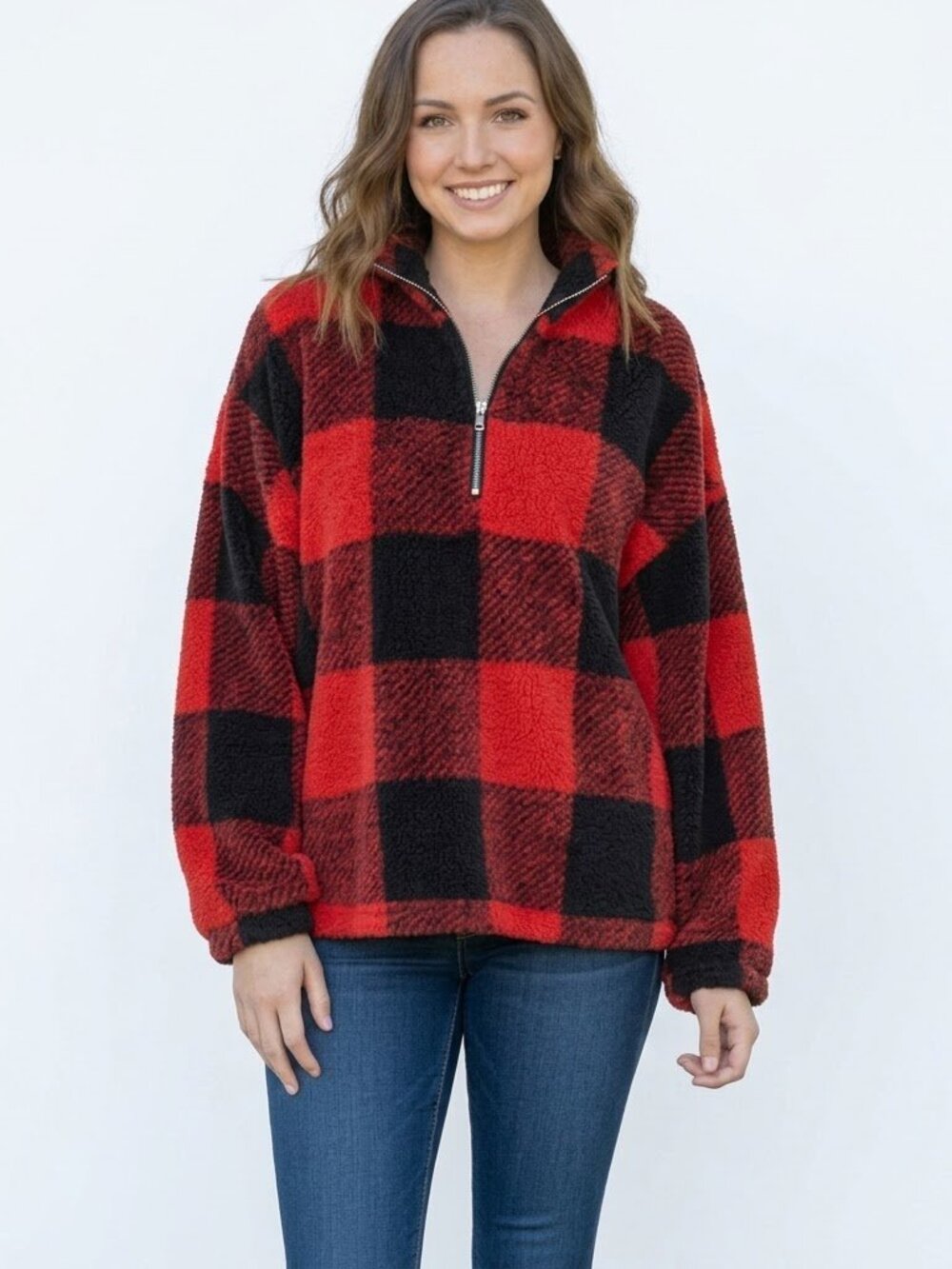Southern Grace NEW red/black Buffalo Plaid half zip Plush Cozy sweater, sz XL